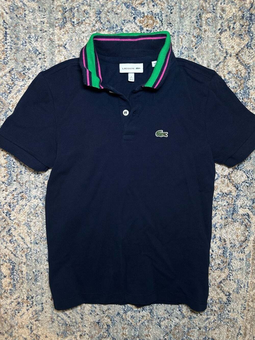 Lacoste Kids Navy Blue Polo Shirt Size 8 Green Pink Collar